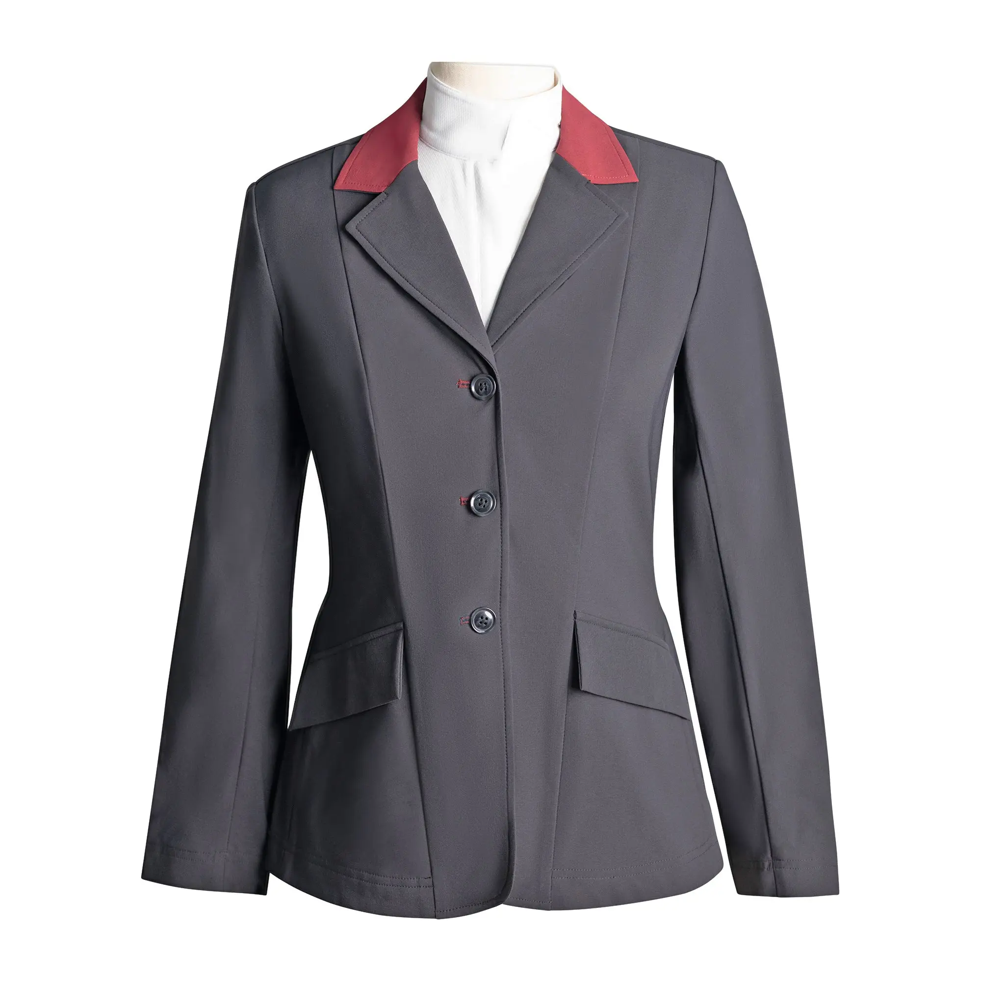 Grand Prix Ladies EQJ Classic 3 Button Show Jacket, Black with Burgundy Collar - Image 8