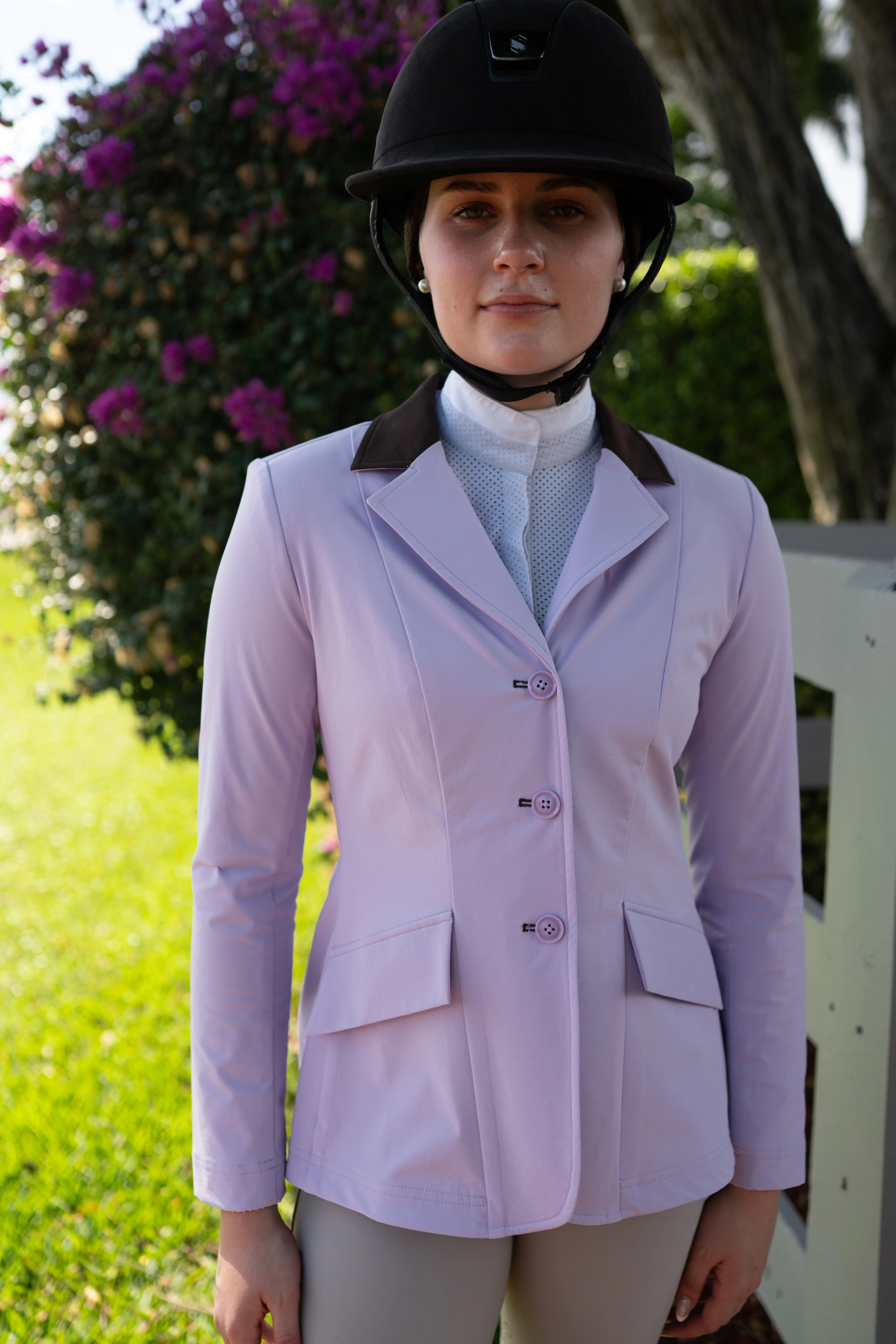 Grand Prix Ladies EQJ 3 Button Show Coat, Lilac with Chocolate Collar