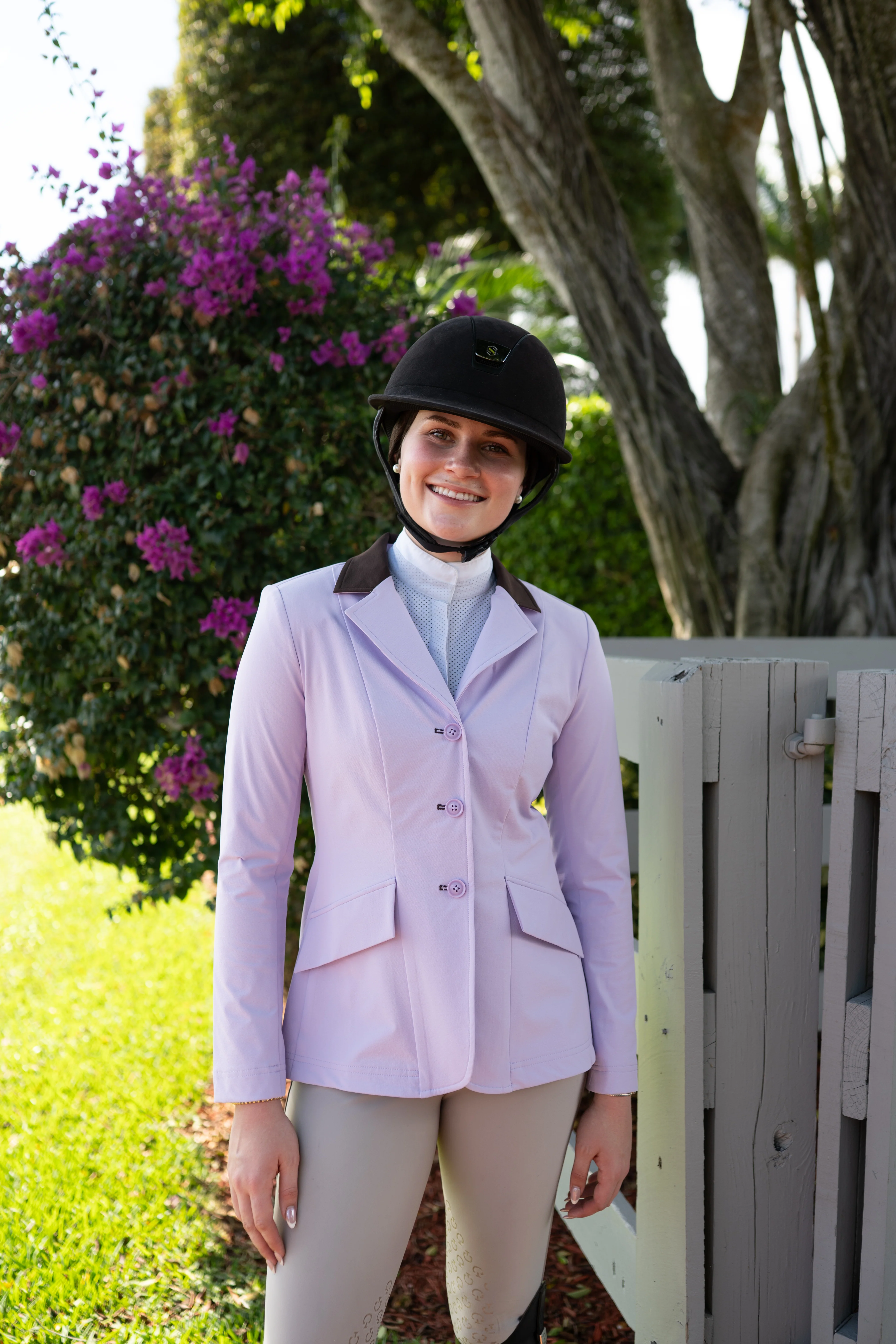 Grand Prix Ladies EQJ 3 Button Show Coat, Lilac with Chocolate Collar - Image 2