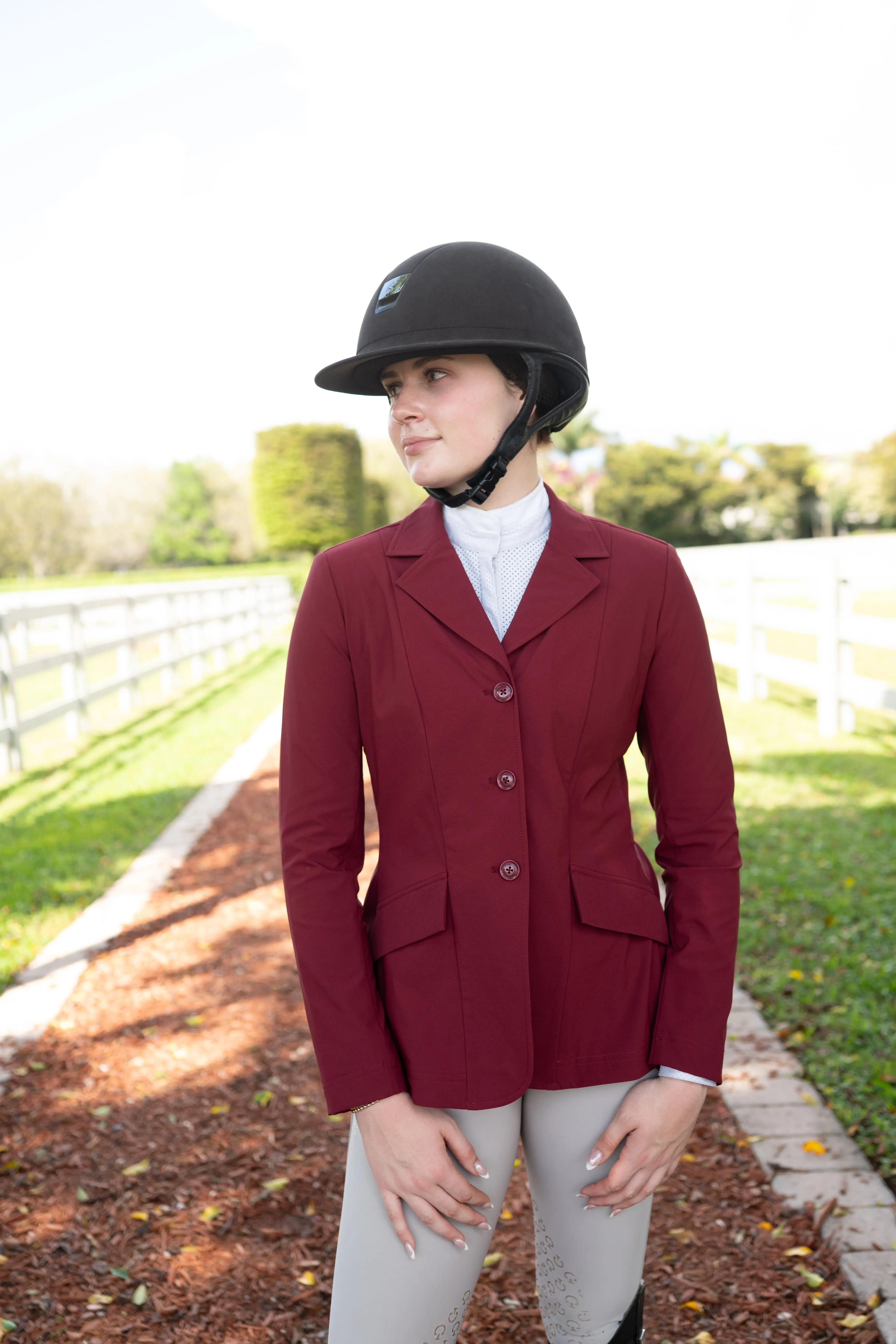 Grand Prix Ladies EQJ 3 Button Show Coat, NY Tech Fabric, Burgundy - Image 2