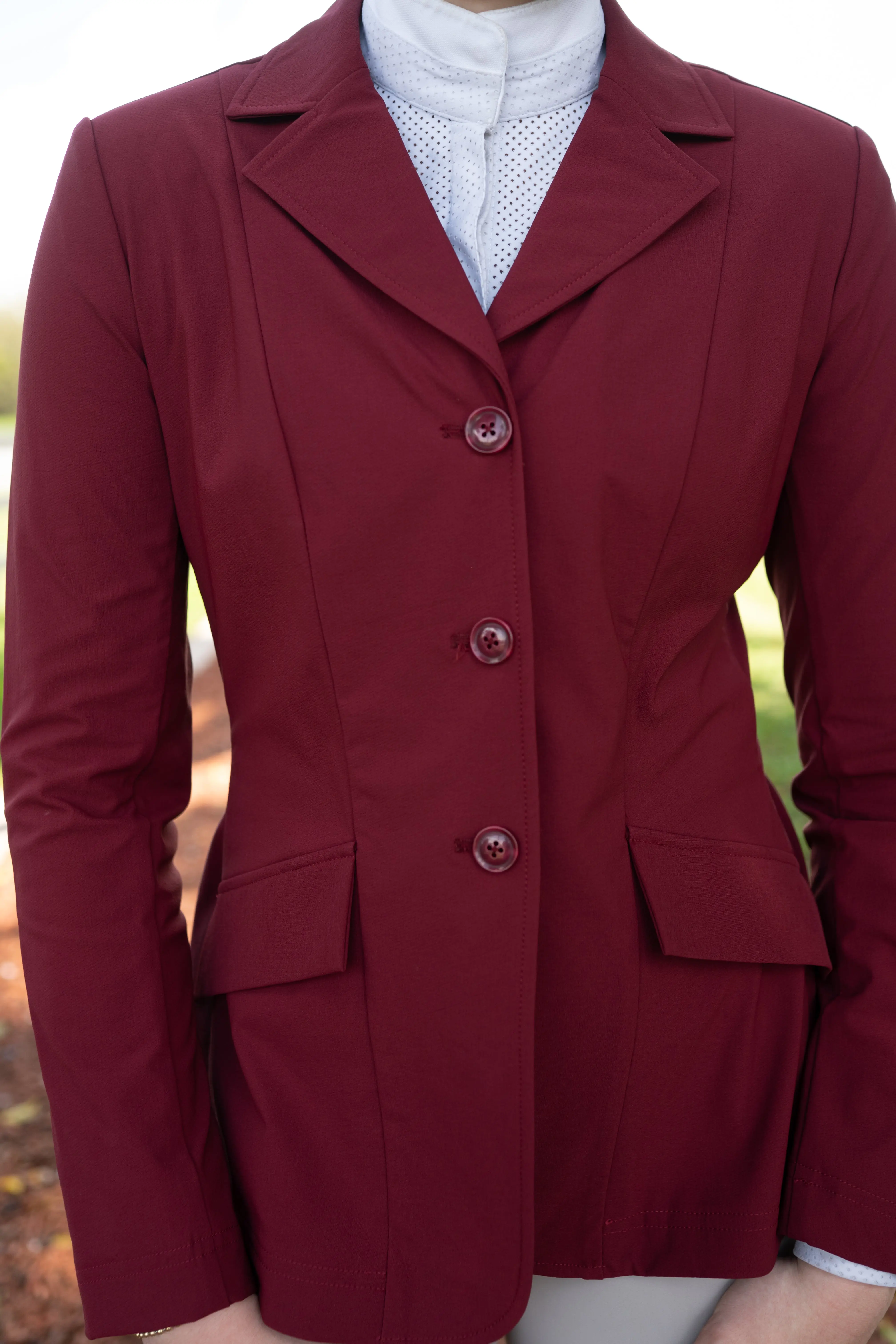 Grand Prix Ladies EQJ 3 Button Show Coat, NY Tech Fabric, Burgundy - Image 3
