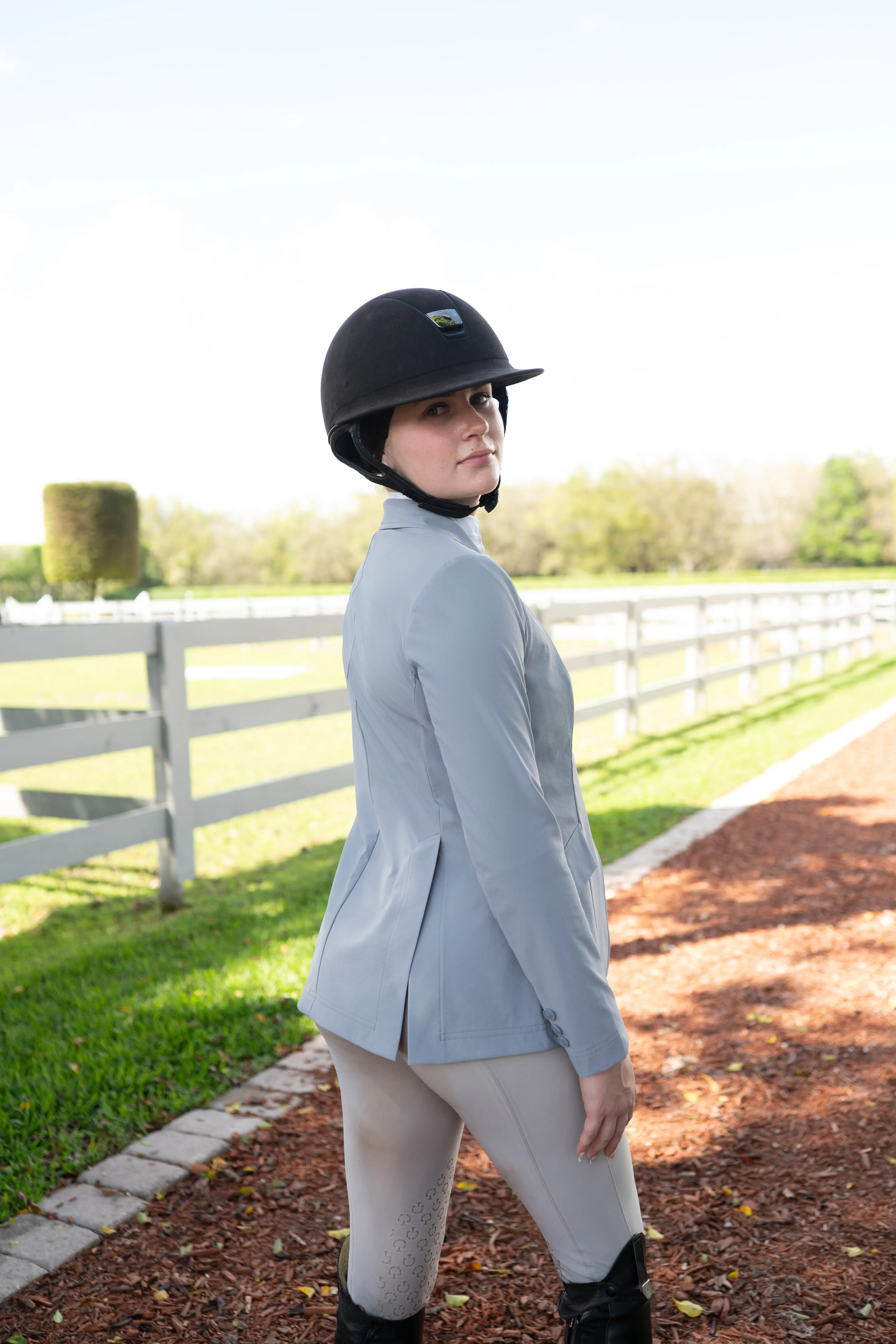 Grand Prix Ladies EQJ 3 Button Show Coat, NY Tech Fabric, Cadet Blue - Image 2