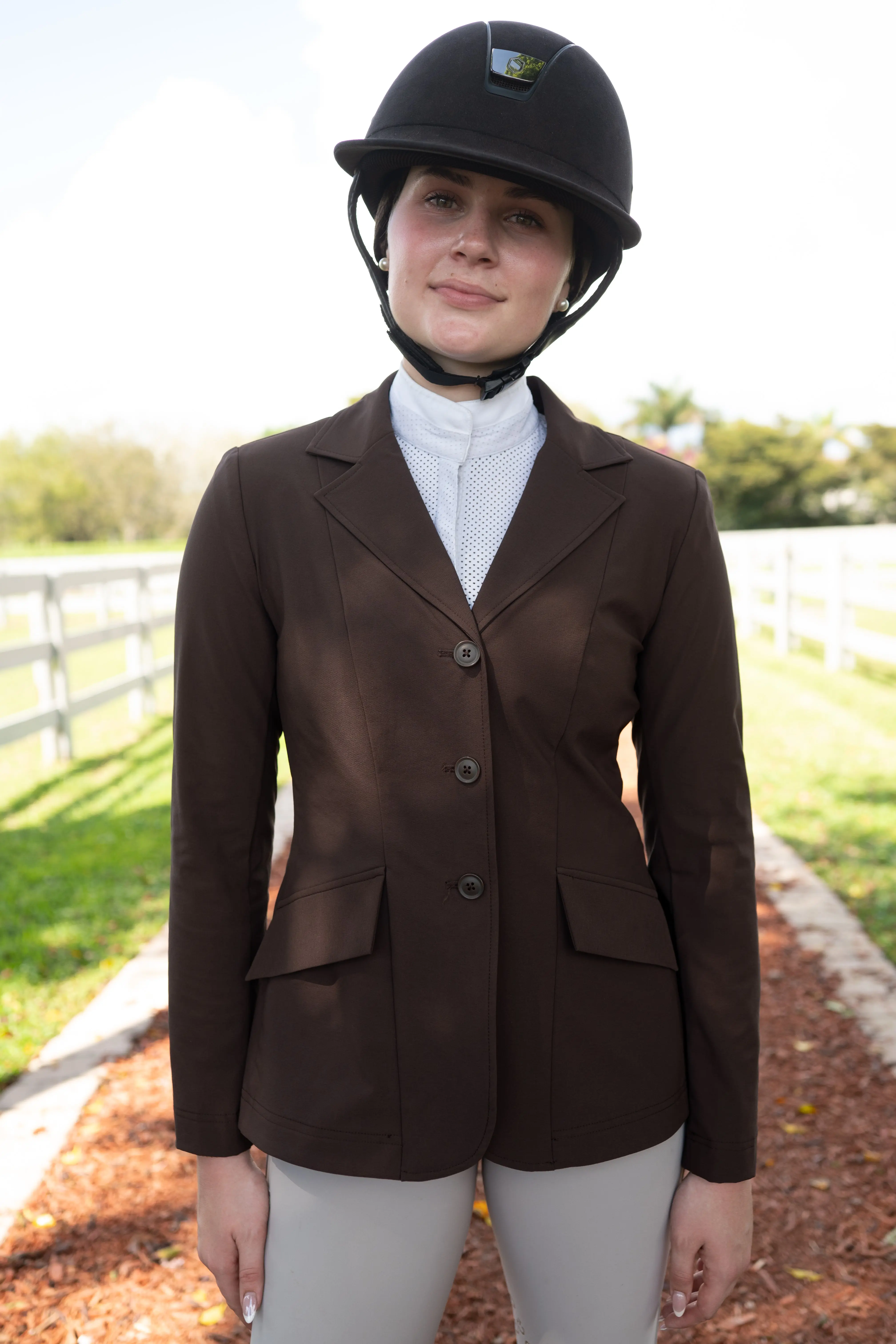 Grand Prix Ladies EQJ 3 Button Show Coat, NY Tech Fabric, Chocolate - Image 2