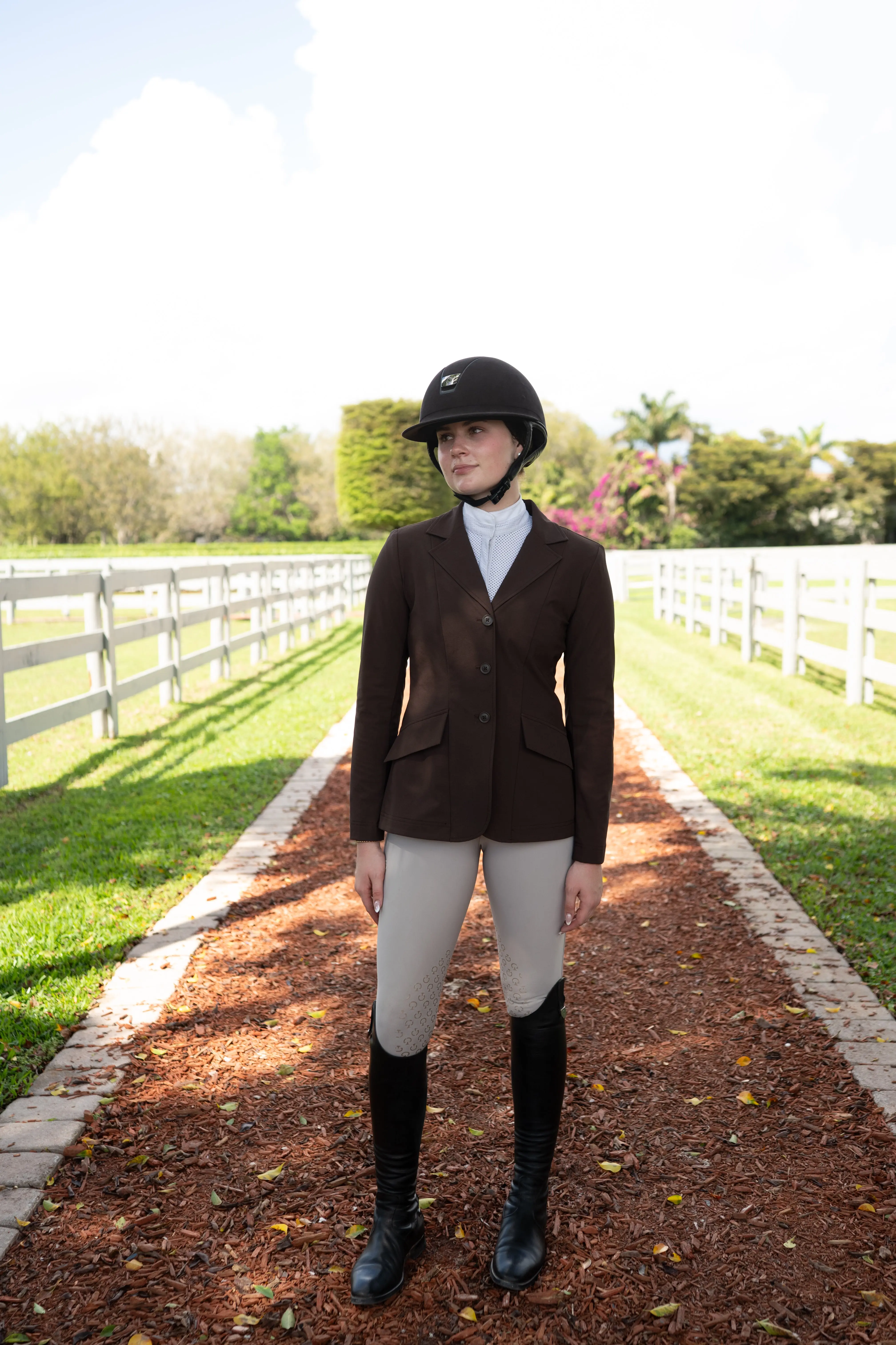 Grand Prix Ladies EQJ 3 Button Show Coat, NY Tech Fabric, Chocolate - Image 3