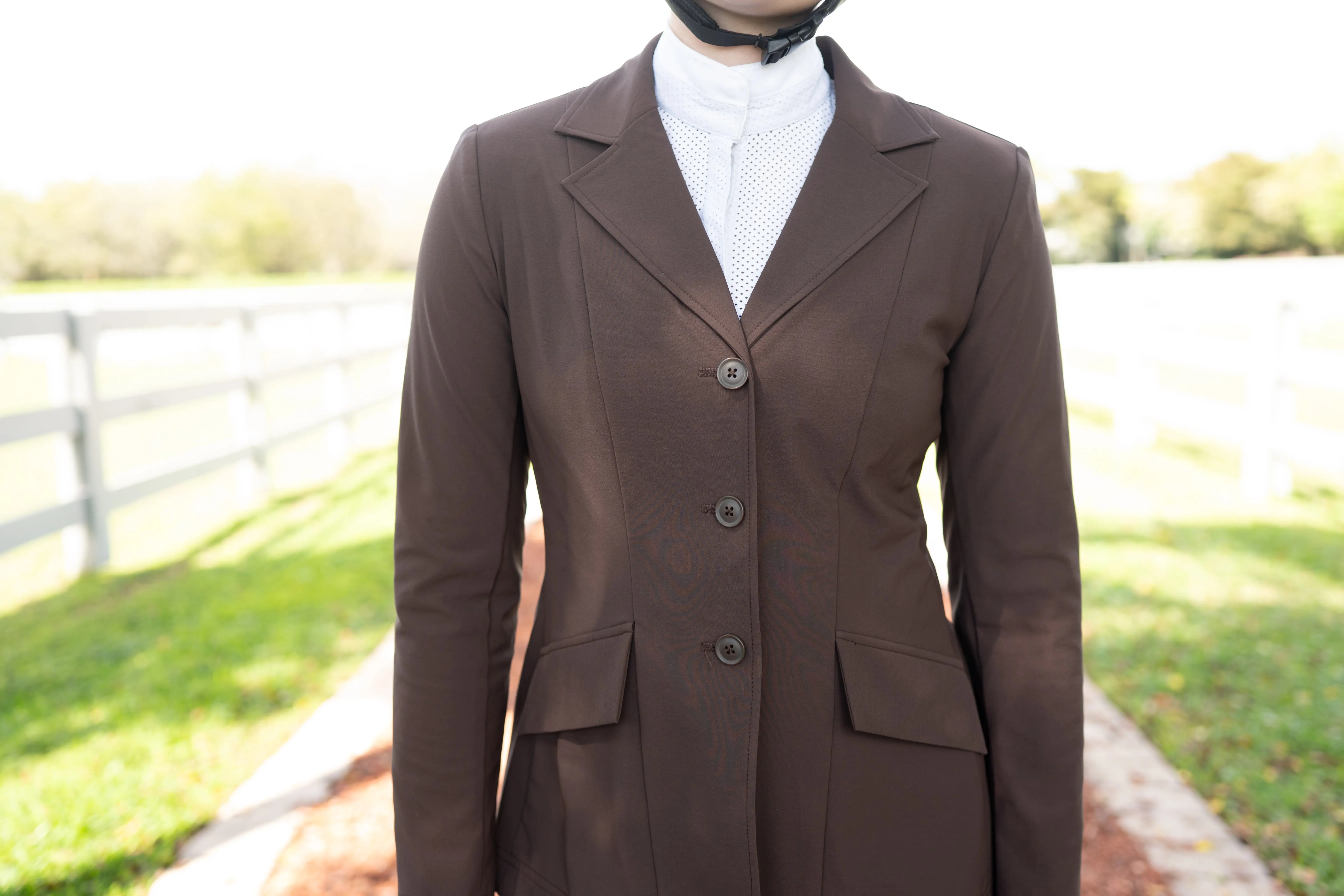 Grand Prix Ladies EQJ 3 Button Show Coat, NY Tech Fabric, Chocolate - Image 4