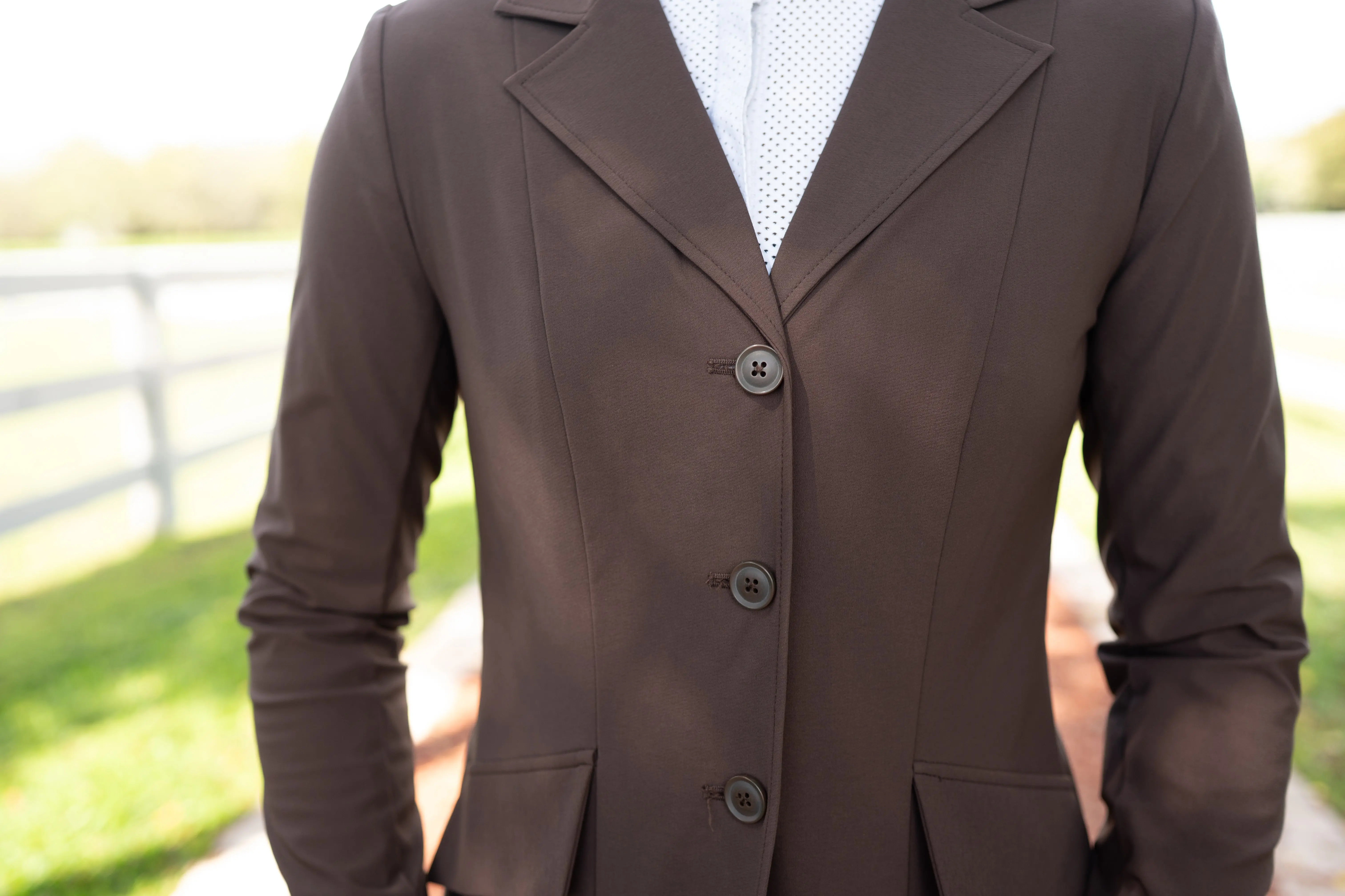 Grand Prix Ladies EQJ 3 Button Show Coat, NY Tech Fabric, Chocolate - Image 5
