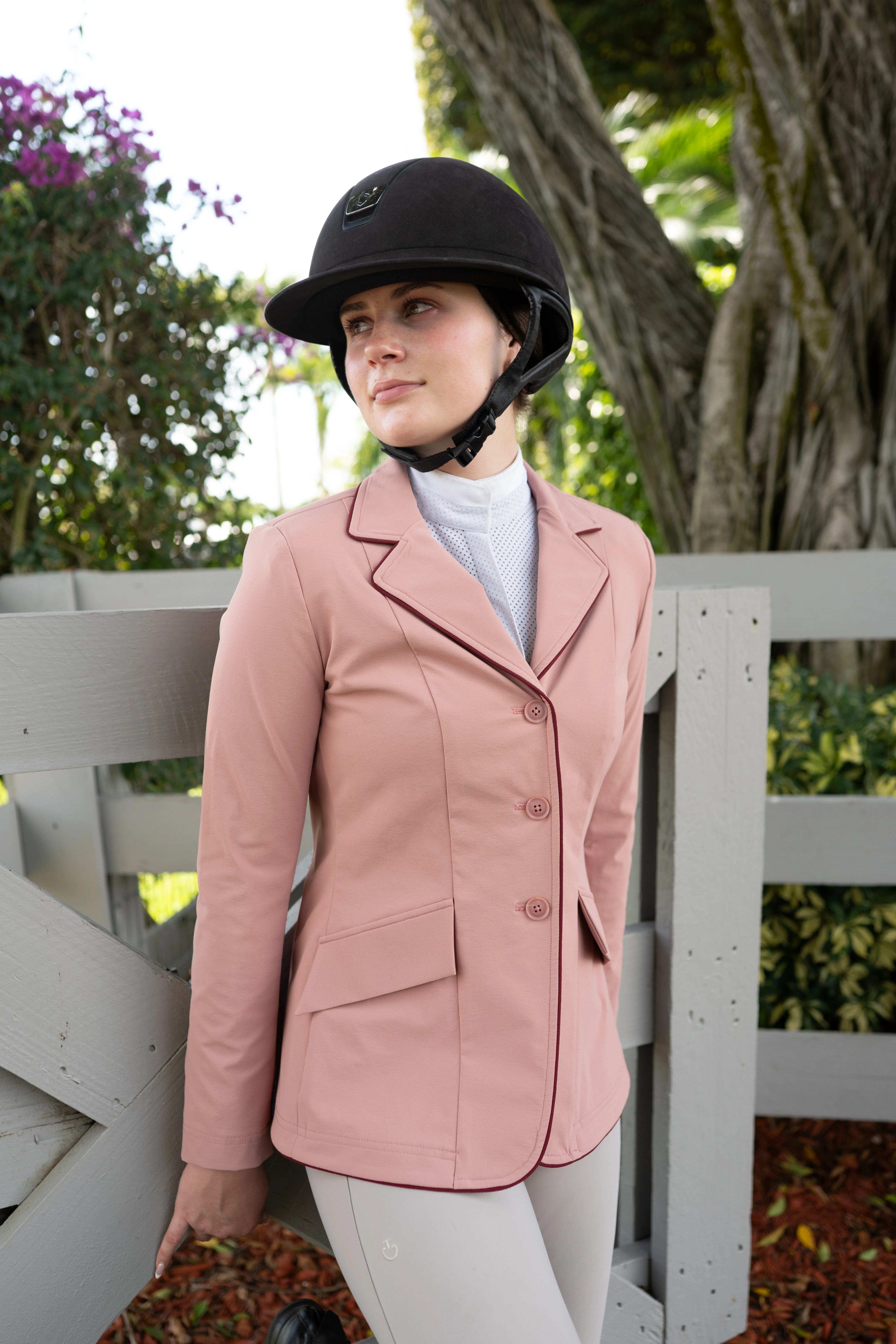 Grand Prix Ladies EQJ 3 Button Show Coat, Rose with Burgundy Piping - Image 5