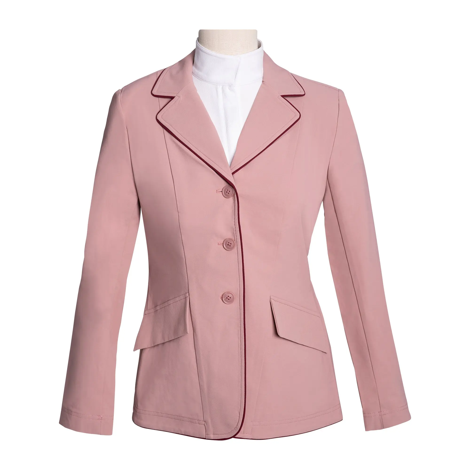Grand Prix Ladies EQJ 3 Button Show Coat, Rose with Burgundy Piping - Image 6