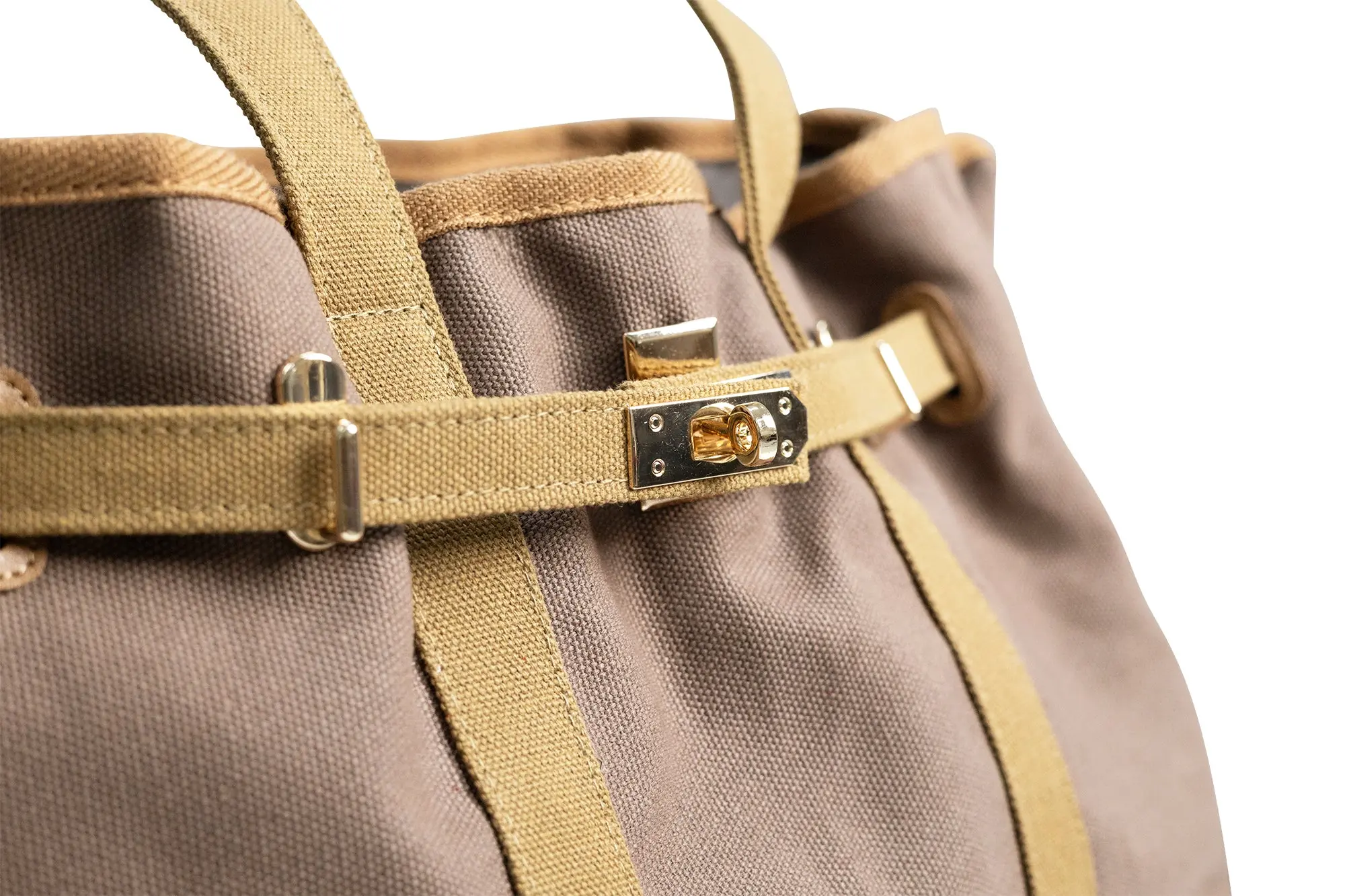 Huntley Equestrian Barnkin Brown and Tan Two-Tone Canvas Tote Bag with Gold Hardware - Image 2