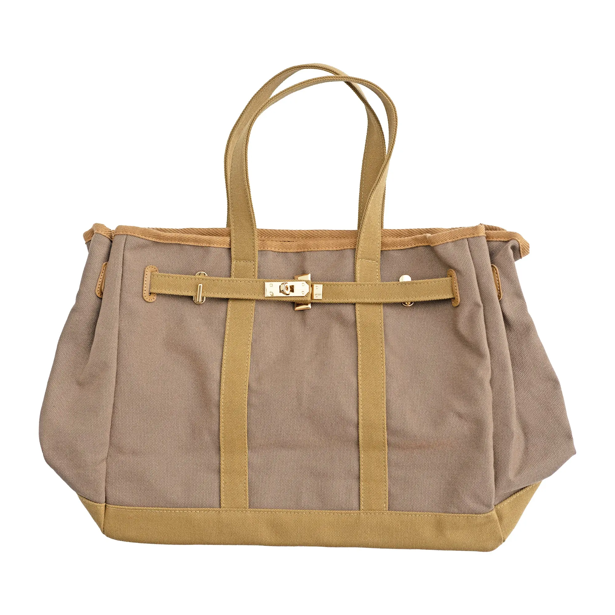 Huntley Equestrian Barnkin Brown and Tan Two-Tone Canvas Tote Bag with Gold Hardware - Image 3