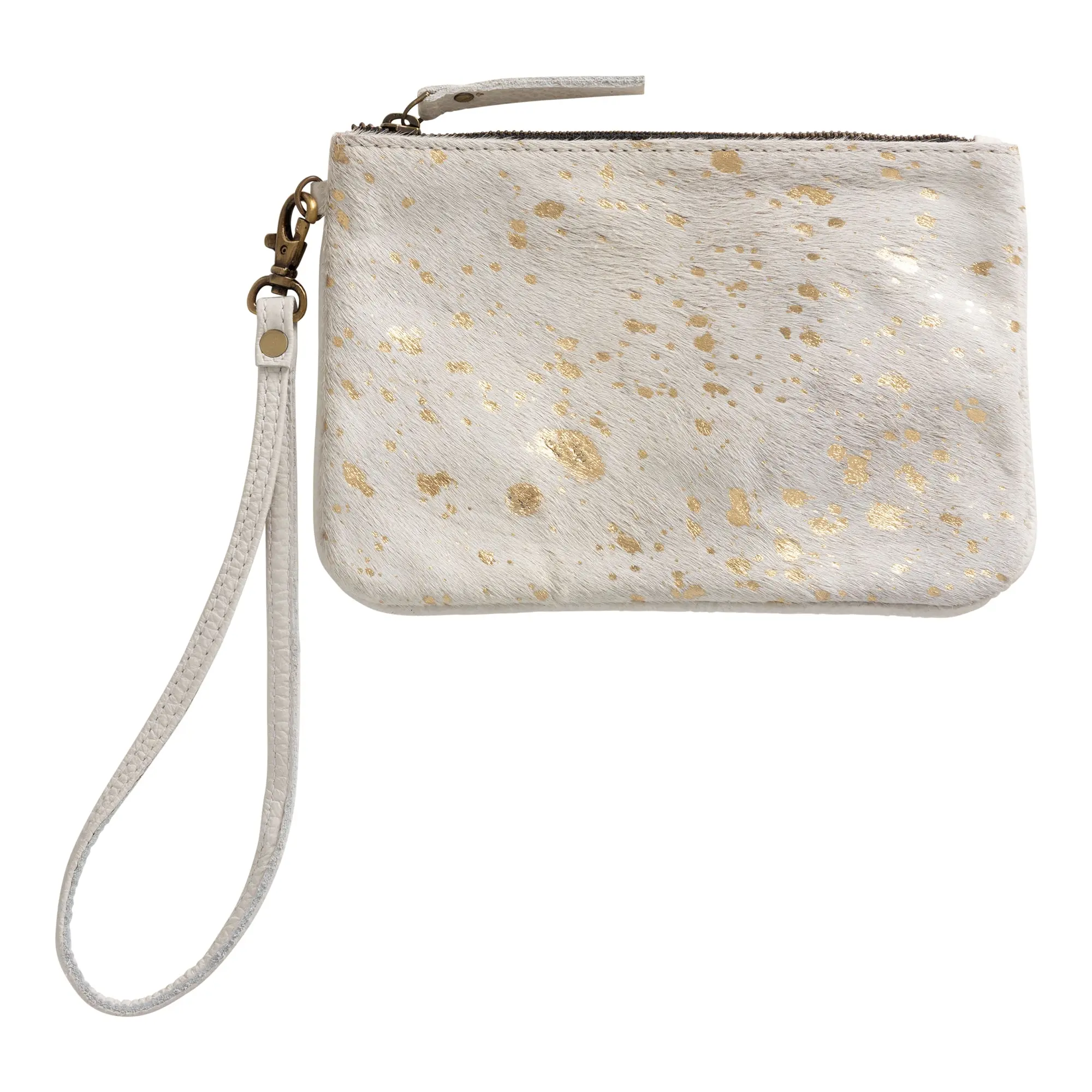 Huntley Equestrian Hair on Hide Leather Wristlet Clutch Wallet Purse, Golden Foil