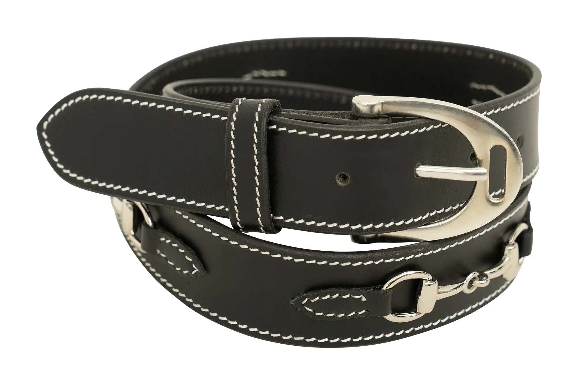 Huntley Equestrian Ladies Stirrup Buckle, Snaffle Bit, 1.5" Inch Width Leather Belt, Black - Image 2