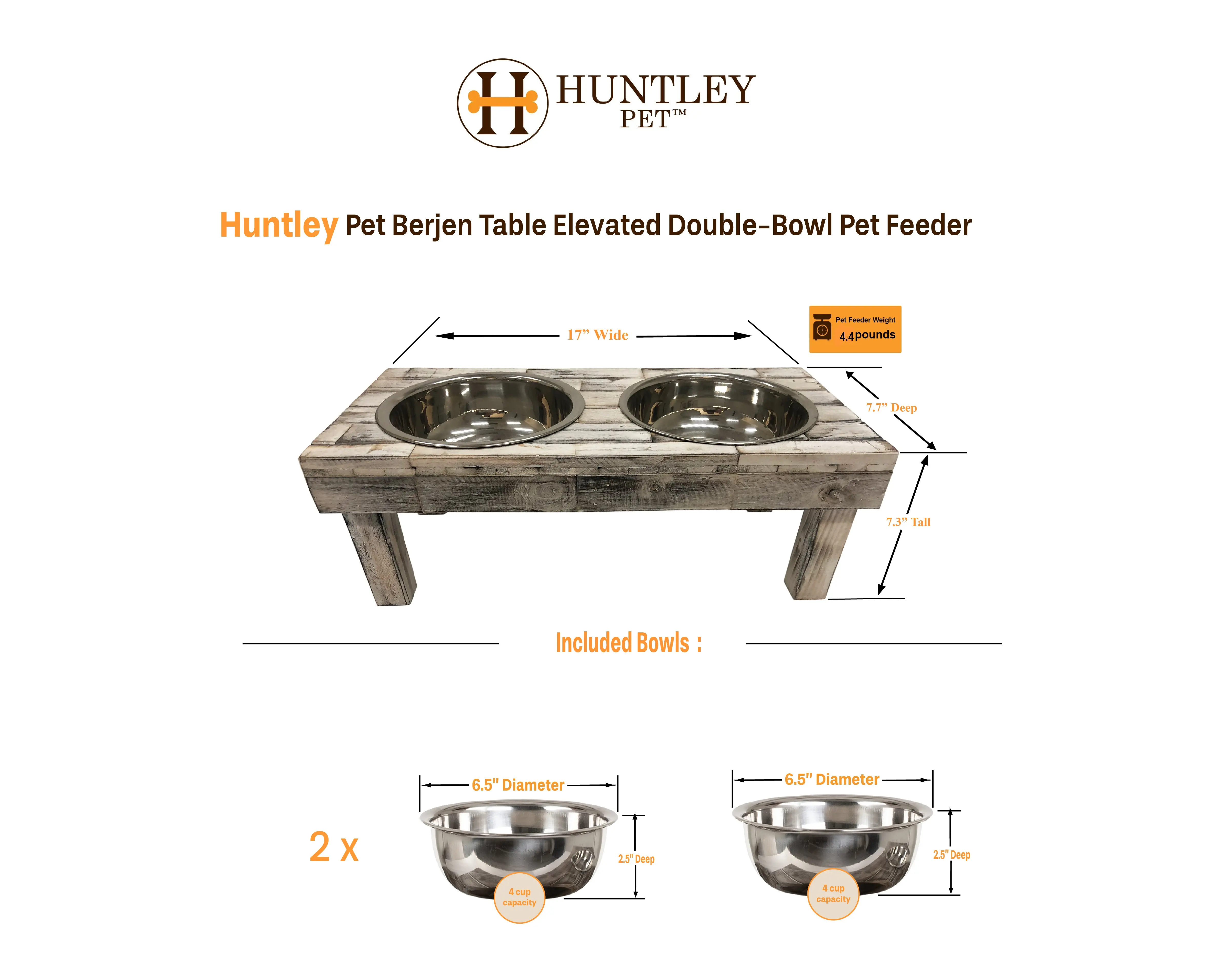 Huntley Pet Berjen Table Elevated Double Bowl Pet Feeder, White Wash - Image 11